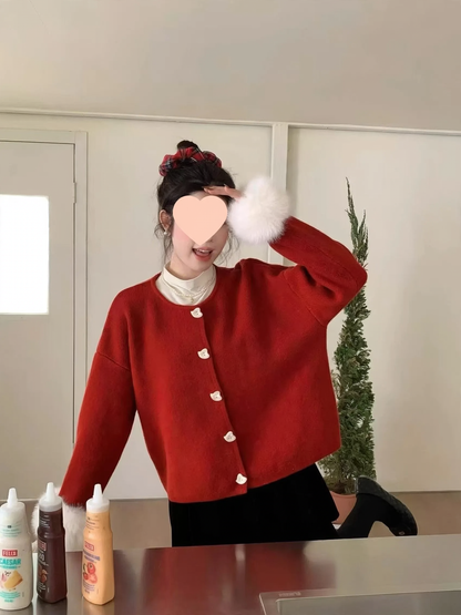 Cardigan with heart buttons and fluffy sleeves