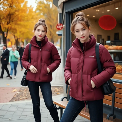 Short women's quilted jacket, stand collar, insulated