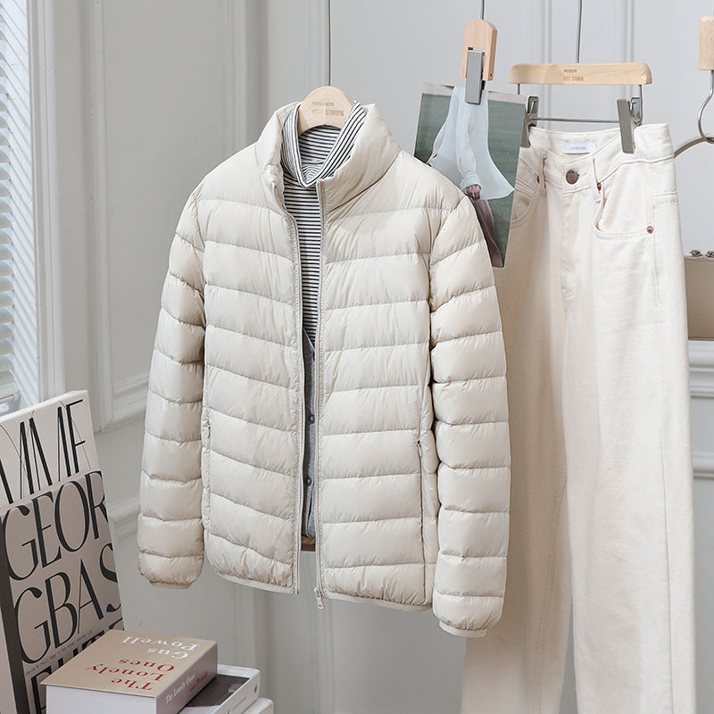 Light women's down jacket, stand-up collar, 90% duck down