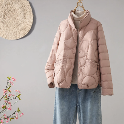 Light short down jacket for women with stand-up collar