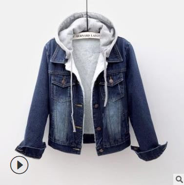 Padded women's denim jacket with detachable hood