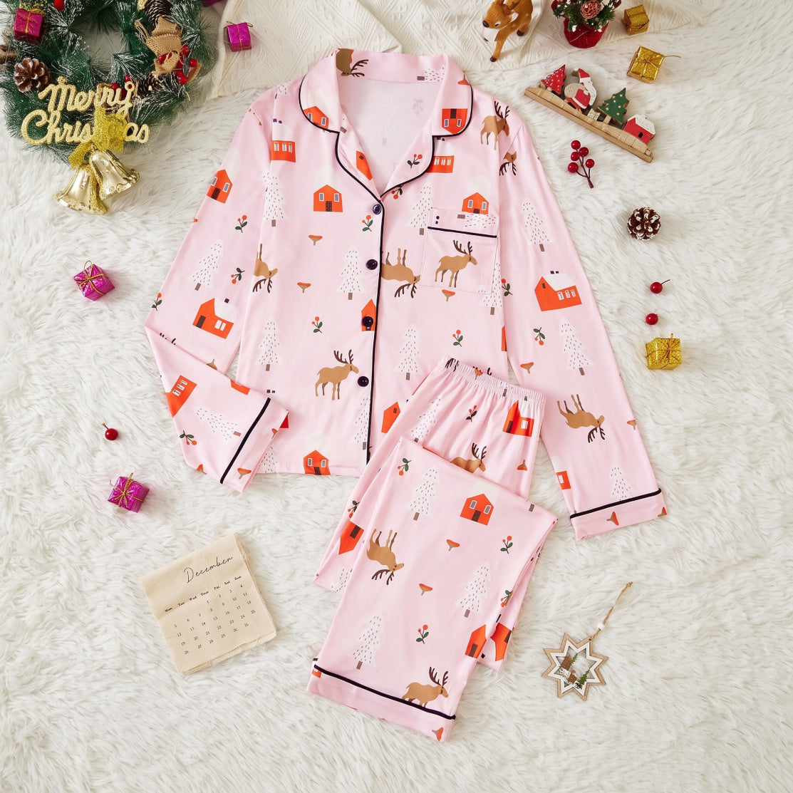 Women’s Pajama Set, long-sleeved, with lapel collar and Christmas motifs