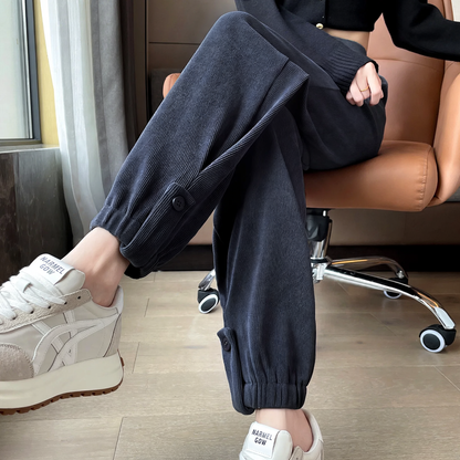 Ladies leisure pants made of chenille cord, elastic leg cuffs