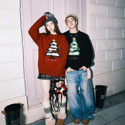 Unisex knit sweater, Christmas tree motif, contrast colors