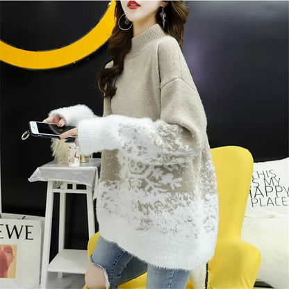 Knit sweater with stand-up collar, snowflake pattern