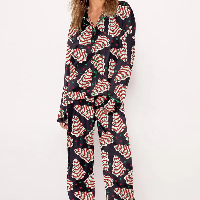 Women's pajamas with Christmas tree print, long sleeve