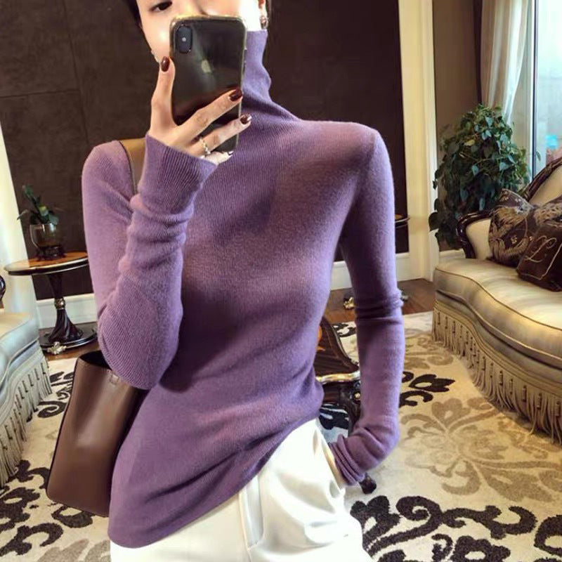 Ladies' knitted pullover with stand-up collar, warm and versatile