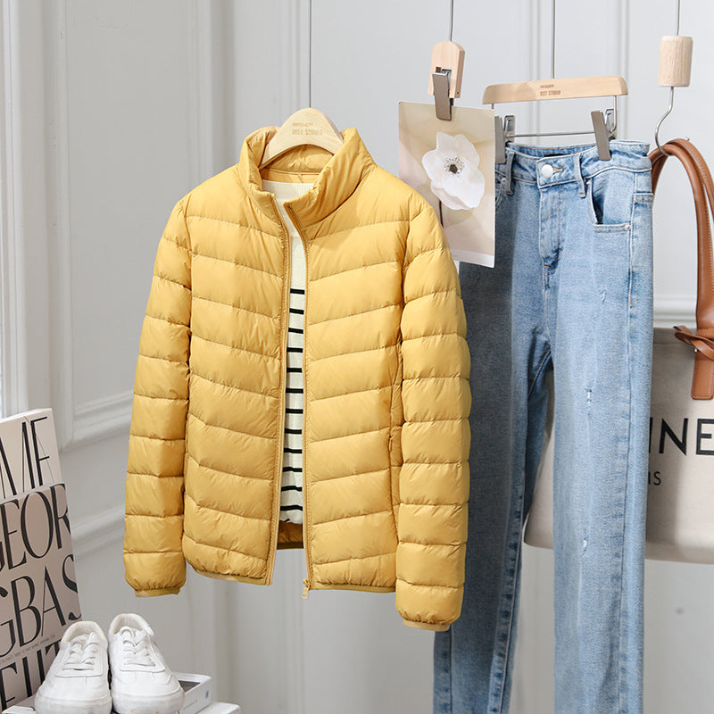 Light women's down jacket, standing collar, 90% duck down