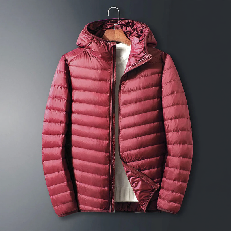 Lightweight men's down jacket with hood, white duck down lining
