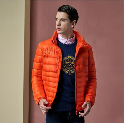 Light men’s down jacket, stand-up collar, slim fit