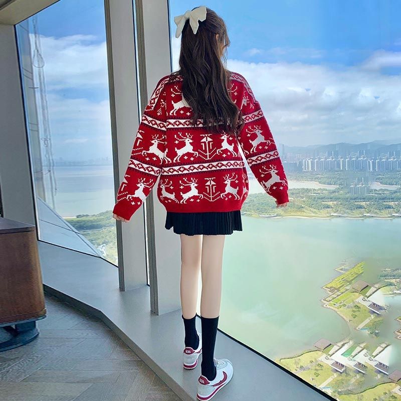 Christmas sweater for women, round neck, reindeer motif, knitted
