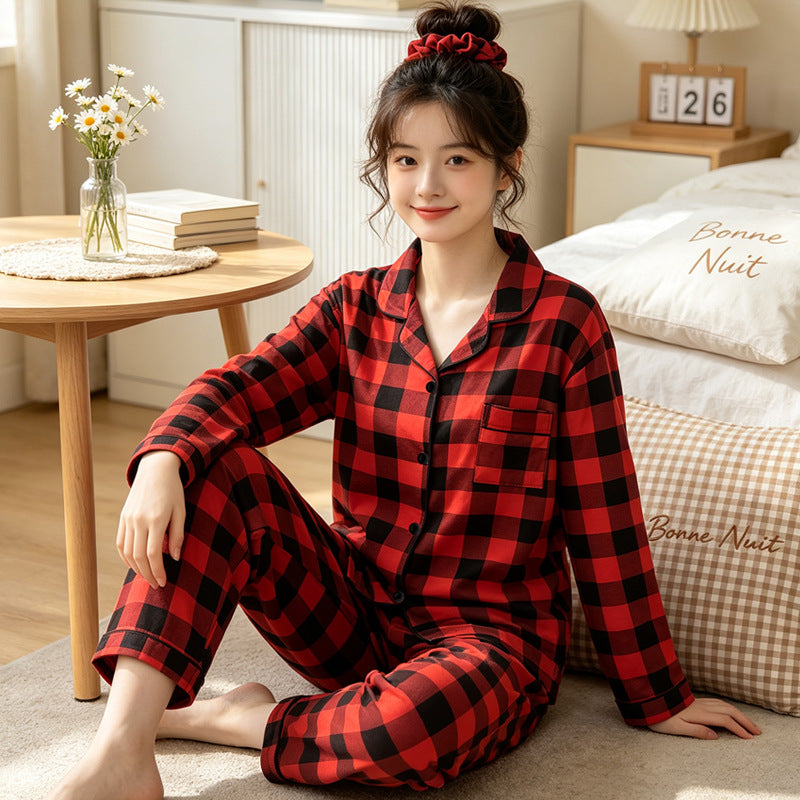 Ladies' Pajamas, checked, Long sleeve, Cotton imitation