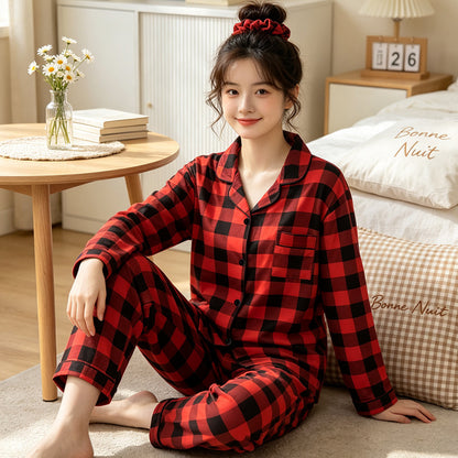 Ladies' Pajamas, checked, Long sleeve, Cotton imitation