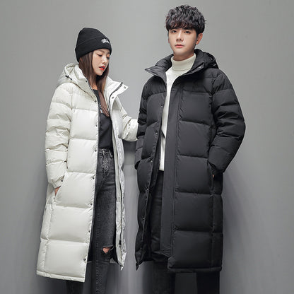 Long, padded men's down jacket with hood
