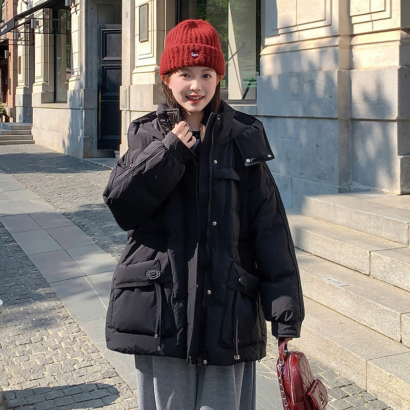 Mid-length down coat in plus size with hood