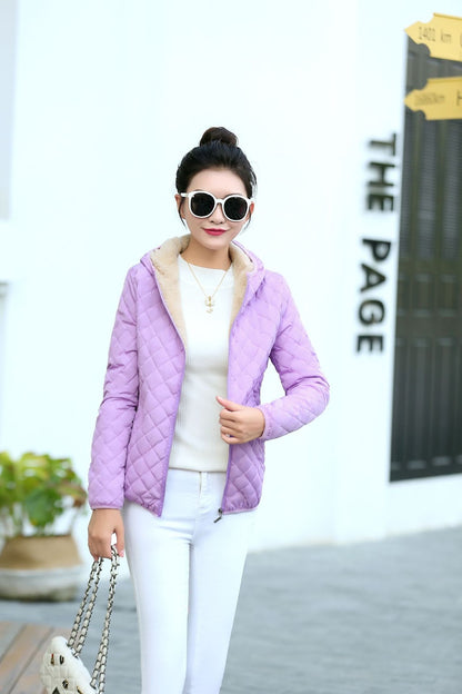 Short women's padded jacket with lamb fleece lining