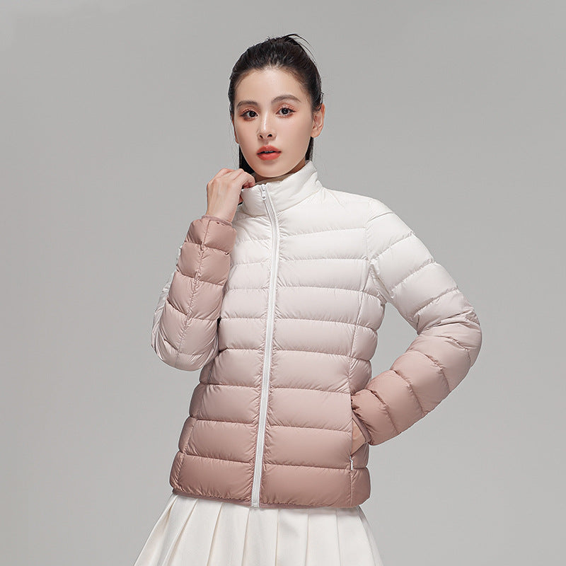 Women’s down jacket, short, with stand-up collar and gradient