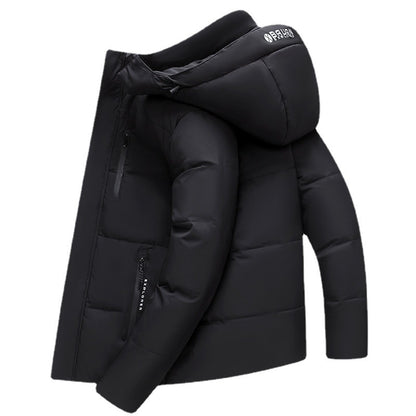 Short men's down jacket with removable hood