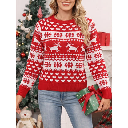 Fair-Isle Knit Sweater with Reindeer Motif