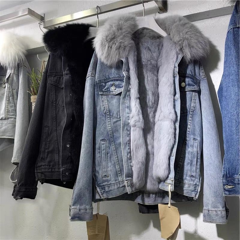 Short denim jacket for women with warm interior lining