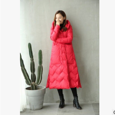 Long down jacket in vintage style with toggle closures