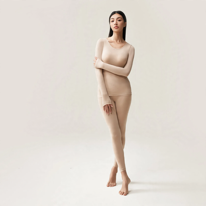Elastic thermal underwear set with round neck