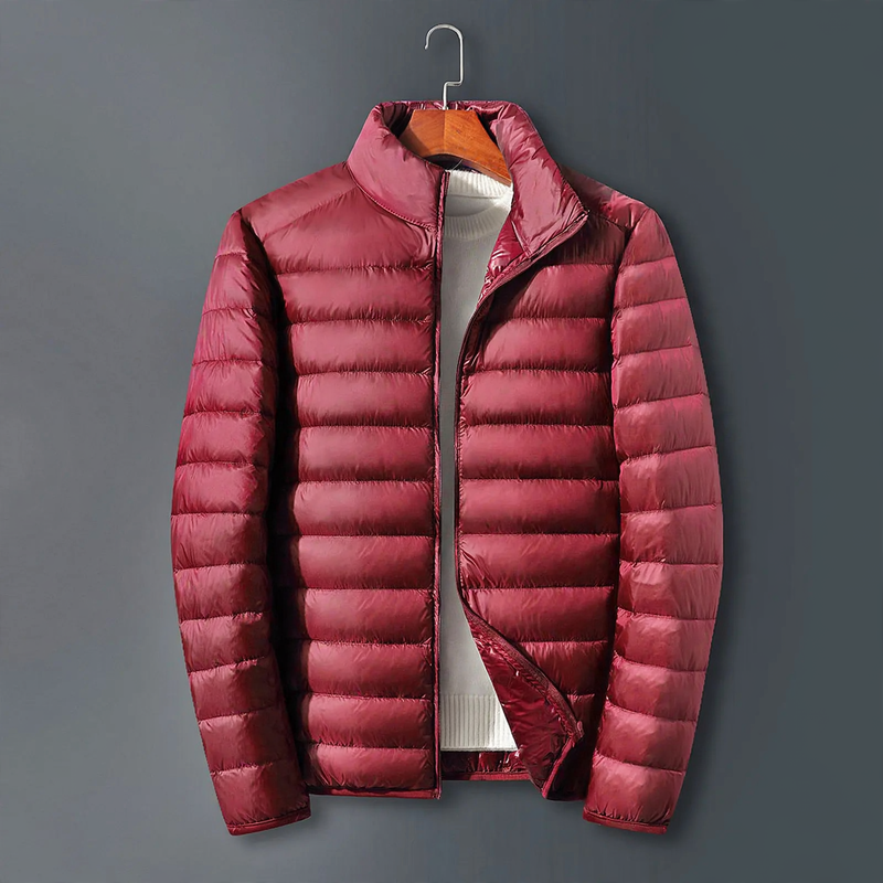 Lightweight men's down jacket with hood, white duck down lining