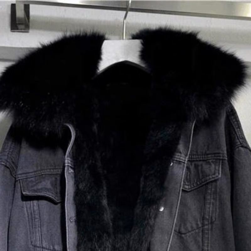 Short denim jacket for women with warm interior lining