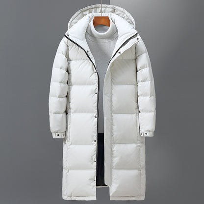Long, padded men's down jacket with hood
