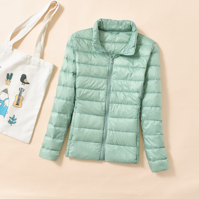 Women's down jacket, short, stand collar, fitted, with duck down