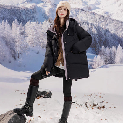 Women's down jacket, mid-length, with contrast design