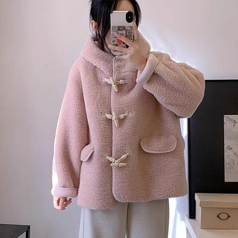 Women’s Lambskin Imitation Coat with Toggle Buttons and Hood
