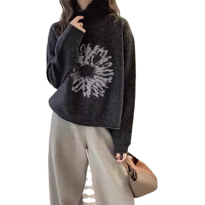 Women's turtleneck sweater, jacquard pattern, loose