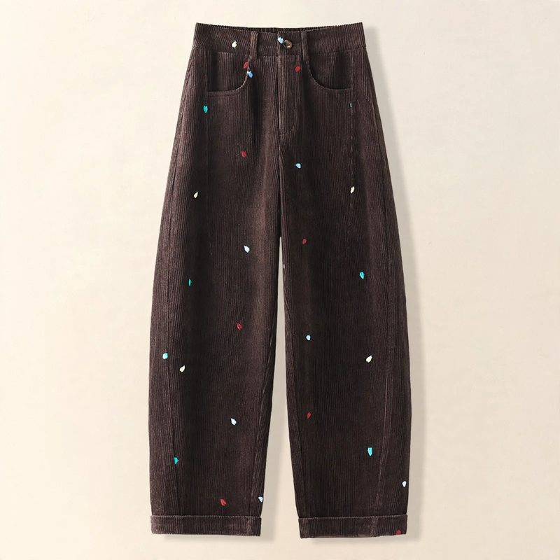 Women's corduroy pants, high-waisted, embroidered
