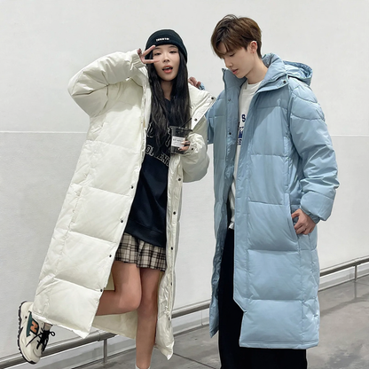 Long down coat, knee-length, white goose down