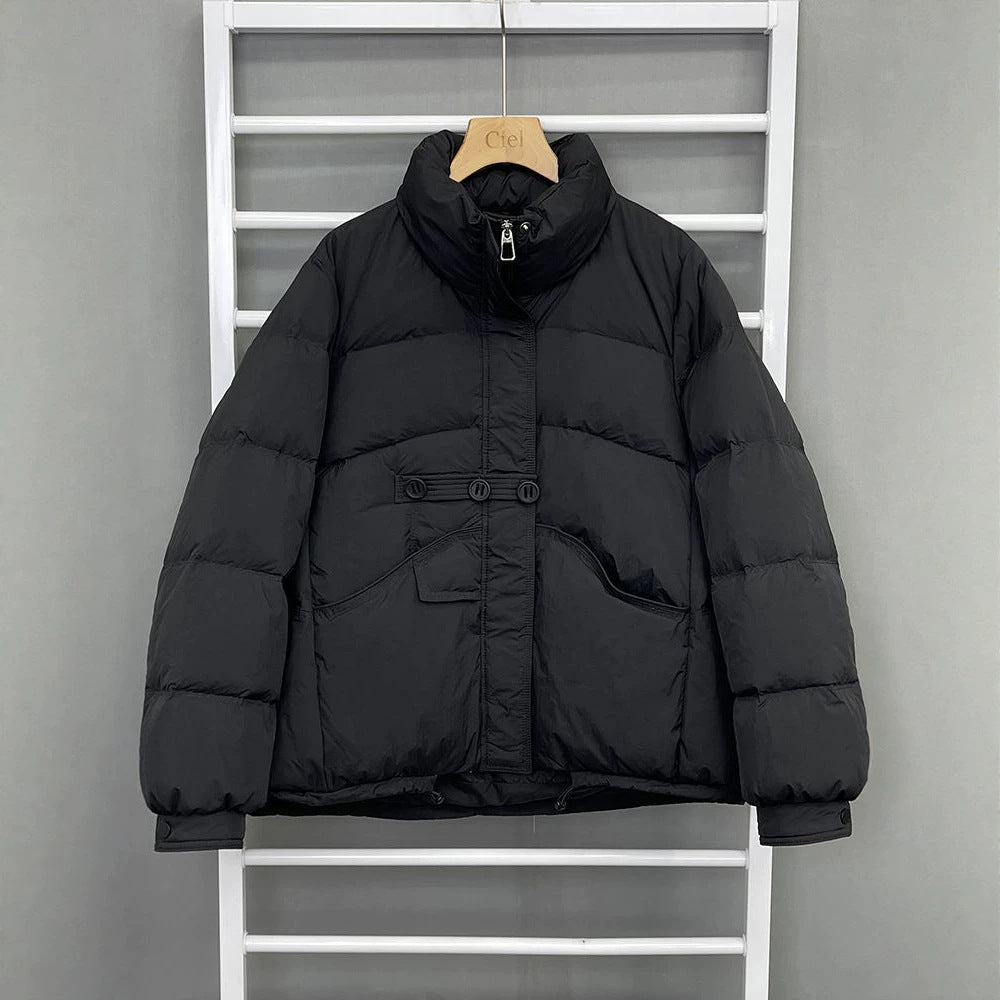 Short women's down jacket, stand-up collar, white duck down
