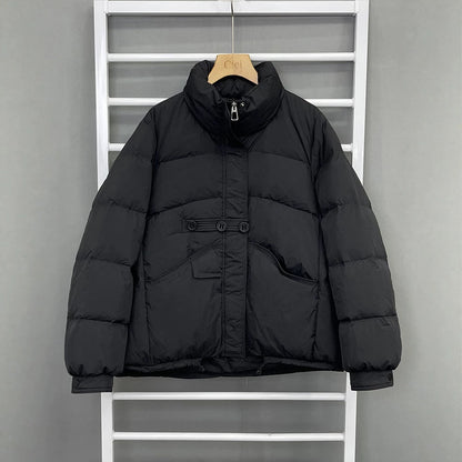 Short women's down jacket, stand-up collar, white duck down