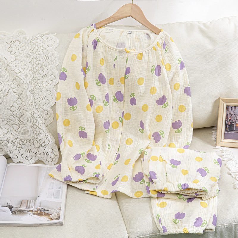Women's pajama set made of cotton muslin, long-sleeved, breathable
