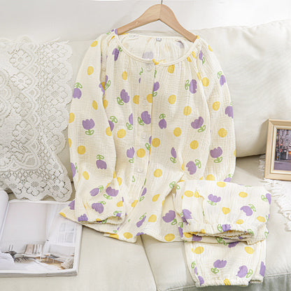Women's pajama set made of cotton muslin, long-sleeved, breathable