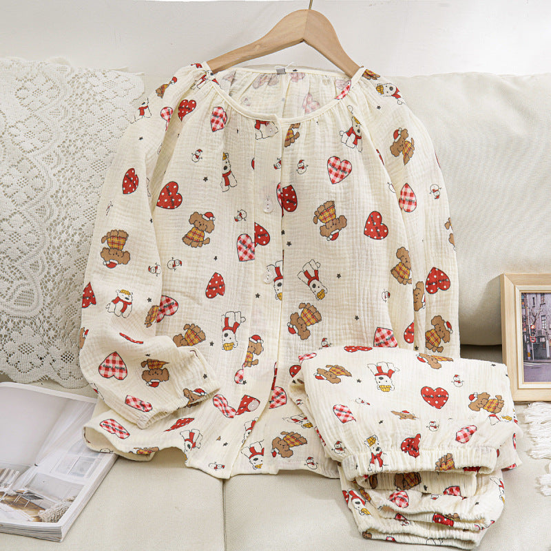 Women's pajama set made of cotton muslin, long-sleeved, breathable
