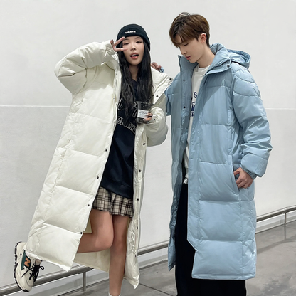 Long down coat, knee-length, white goose down