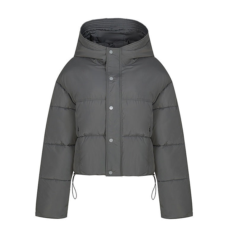 Short quilted jacket for women with stand-up collar and button placket