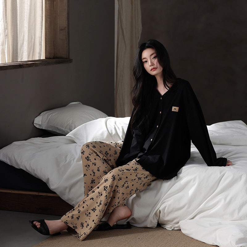 Cotton pajama set with button placket, long sleeves