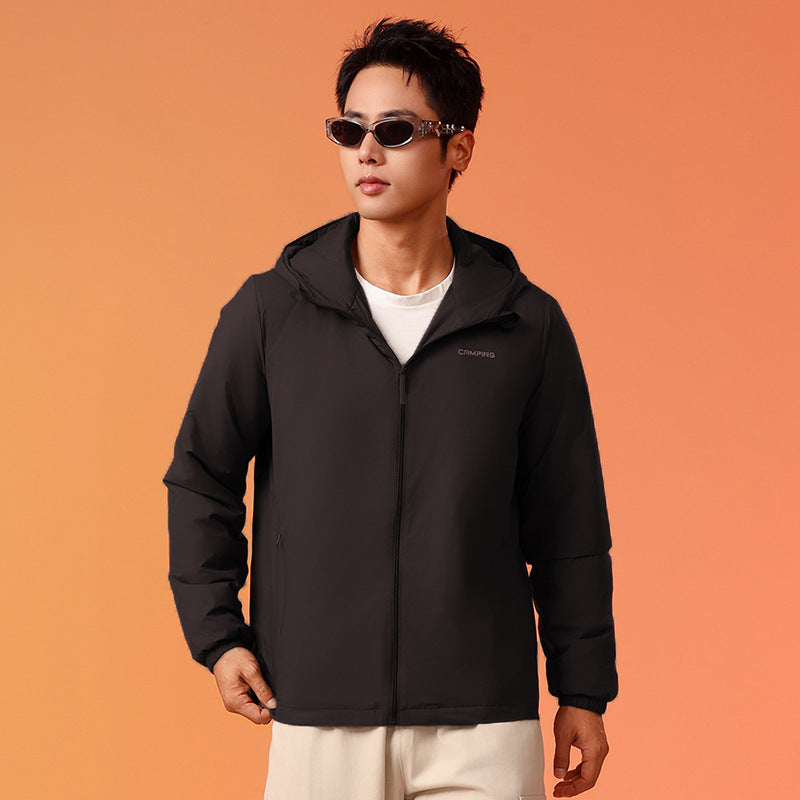 Lightweight outdoor down jacket with hood, white duck down