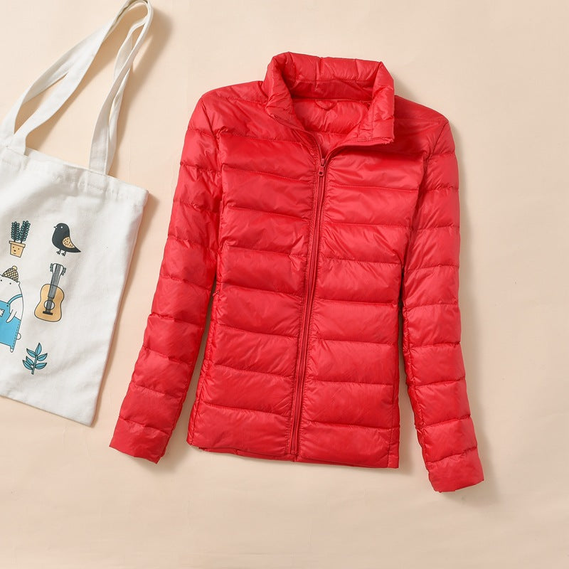 Women's down jacket, short, stand collar, fitted, with duck down