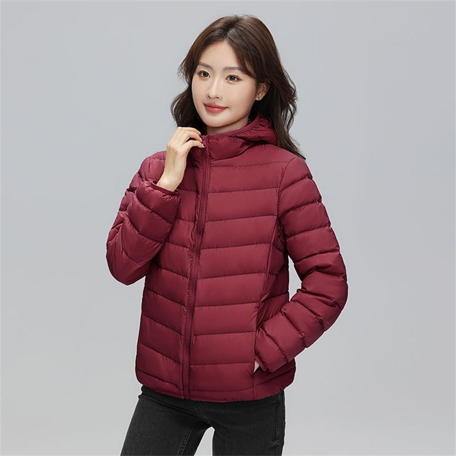 Women's down jacket, short, with hood, light and warm
