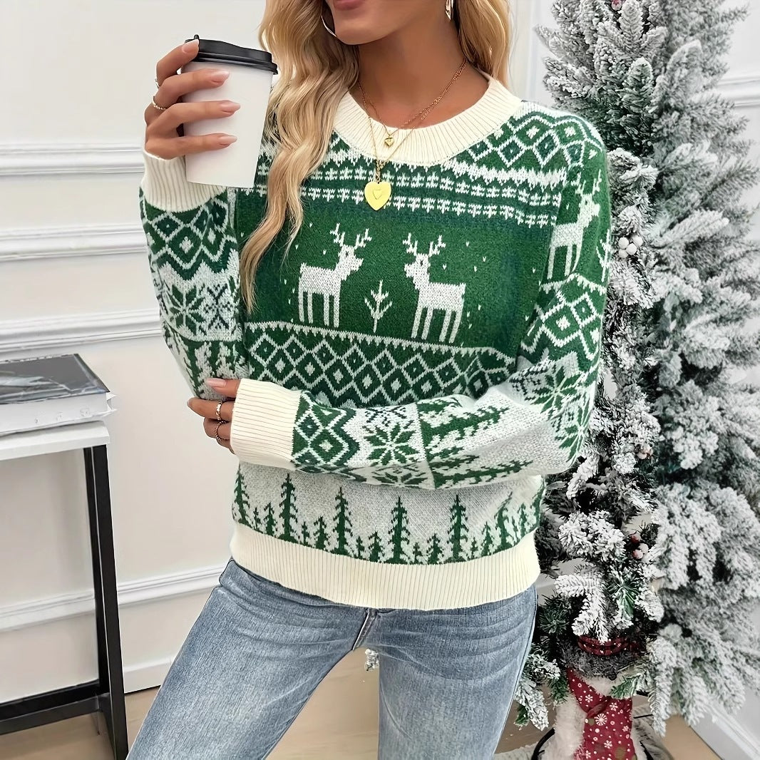 Retro Christmas sweater for women with reindeer jacquard
