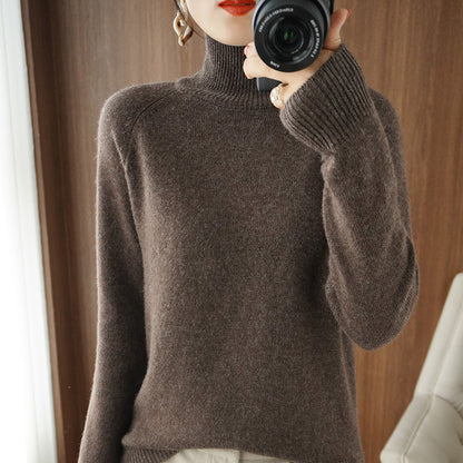 Women's knitted sweater, high collar, solid color, loose