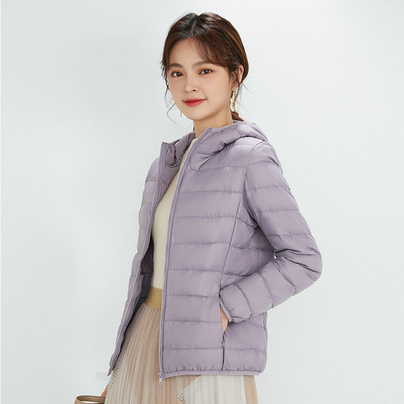 Women's down jacket, lightweight, short, with hood