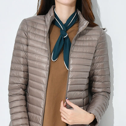 Women's down coat, mid-length, stand-up collar